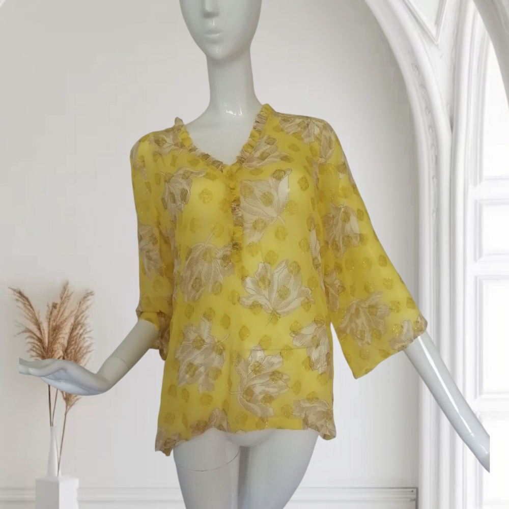 Part Two Yellow Relaxed 3/4 Sleeve Blouse with Mandarin Collar